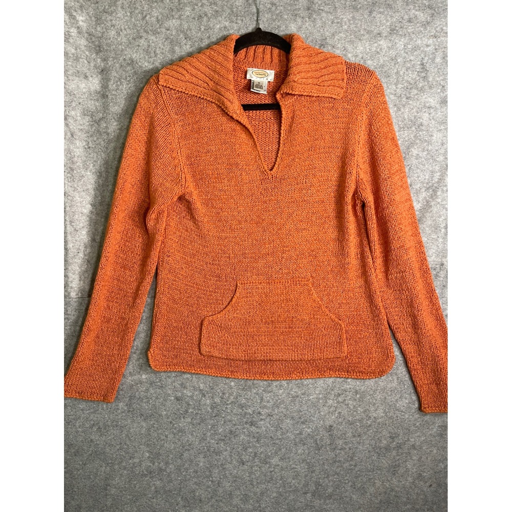 Talbots Petites Orange Knit V-Neck Pullover‎ Sweater Kangaroo Pocket Size M